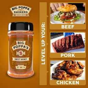 Big Poppa's Sweet Money BBQ Rub in action on a grill enhances pork flavor.