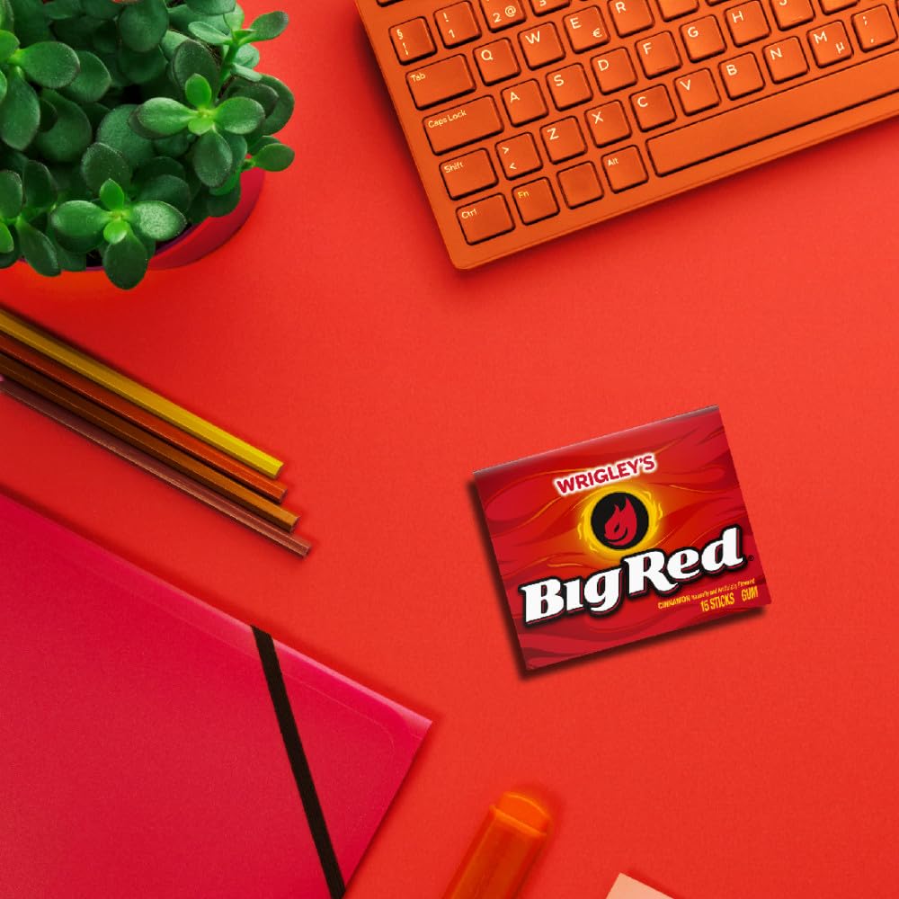 BIG RED gum delivers a fiery-hot cinnamon flavor and lasting freshness.