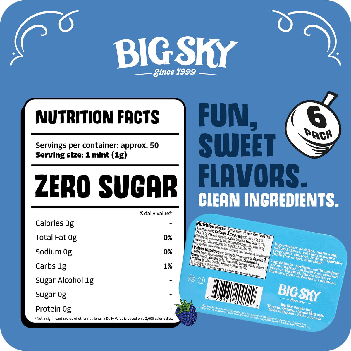 Pack of six Big Sky tins, portable and gift-ready.