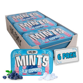 Big Sky Blue Raspberry Mints tin close up for travel convenience.