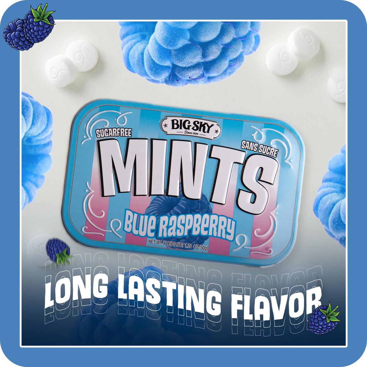 Big Sky Blue Raspberry Mints vegan and kosher certified packaging.