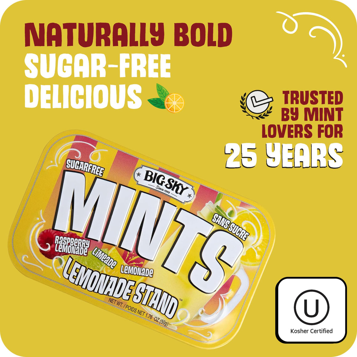Close-up of Big Sky Lemonade Stand Mints label with certifications