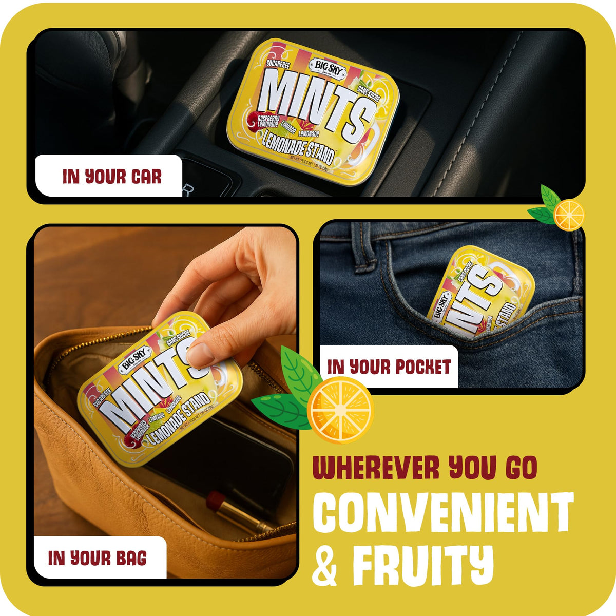 Opened tin of Big Sky Lemonade Stand Mints showing convenient interior