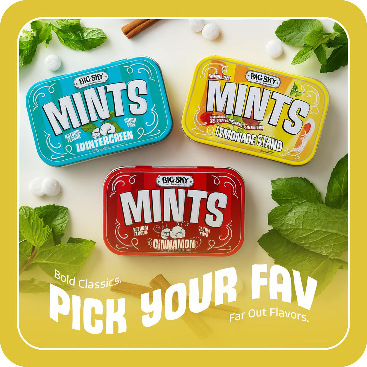 Bright packaging graphic for Big Sky Lemonade Stand Mints