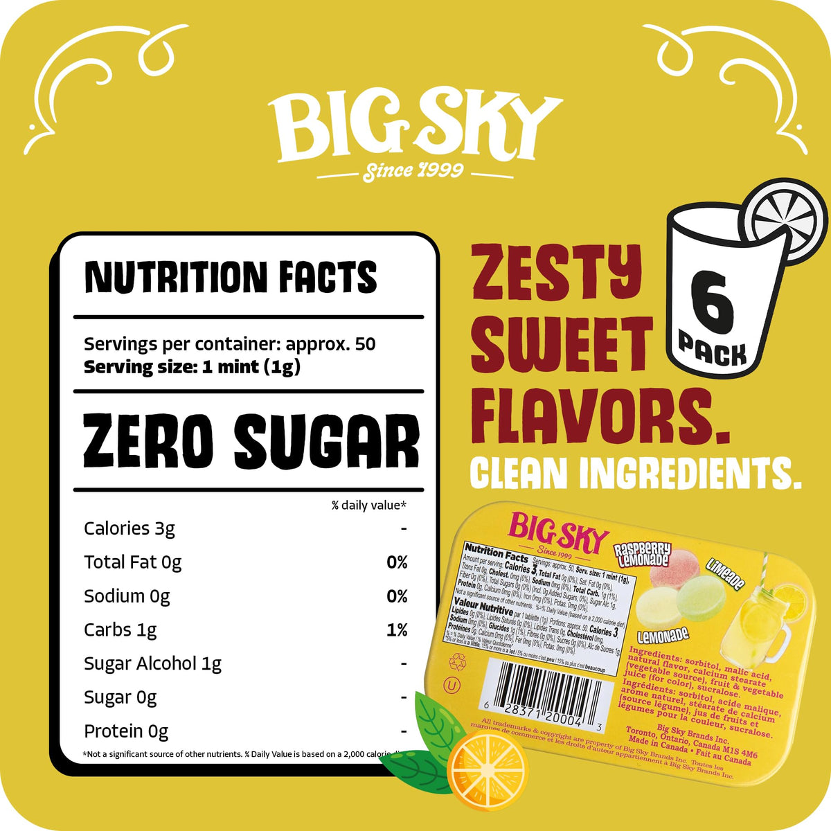 Big Sky Lemonade Stand Mints six-pack display emphasizing travel tins