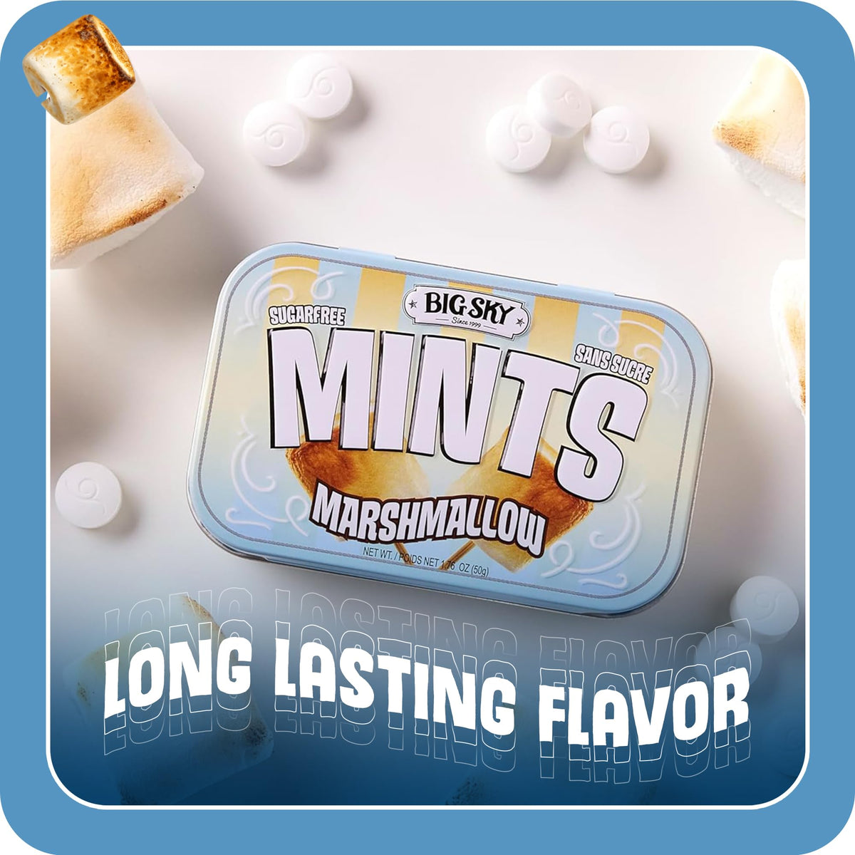 Big Sky Marshmallow Mints ingredients badge highlights gluten-free, kosher, vegan options.