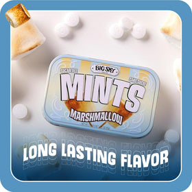 Big Sky Marshmallow Mints ingredients badge highlights gluten-free, kosher, vegan options.