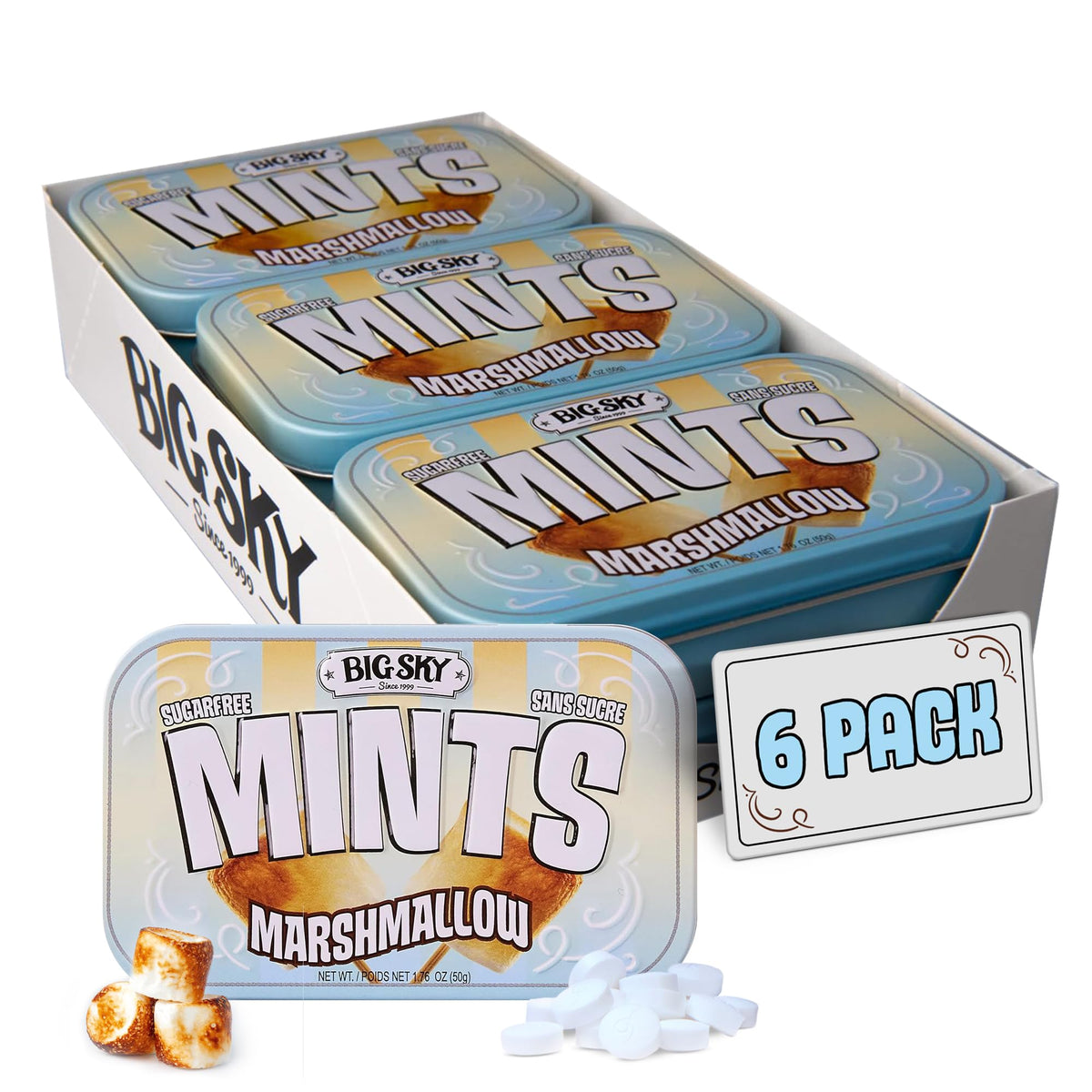 Big Sky Marshmallow Mints tin front shows sugar-free treat in travel-ready packaging.