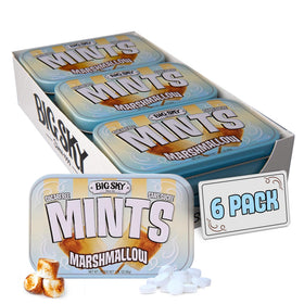 Big Sky Marshmallow Mints tin front shows sugar-free treat in travel-ready packaging.