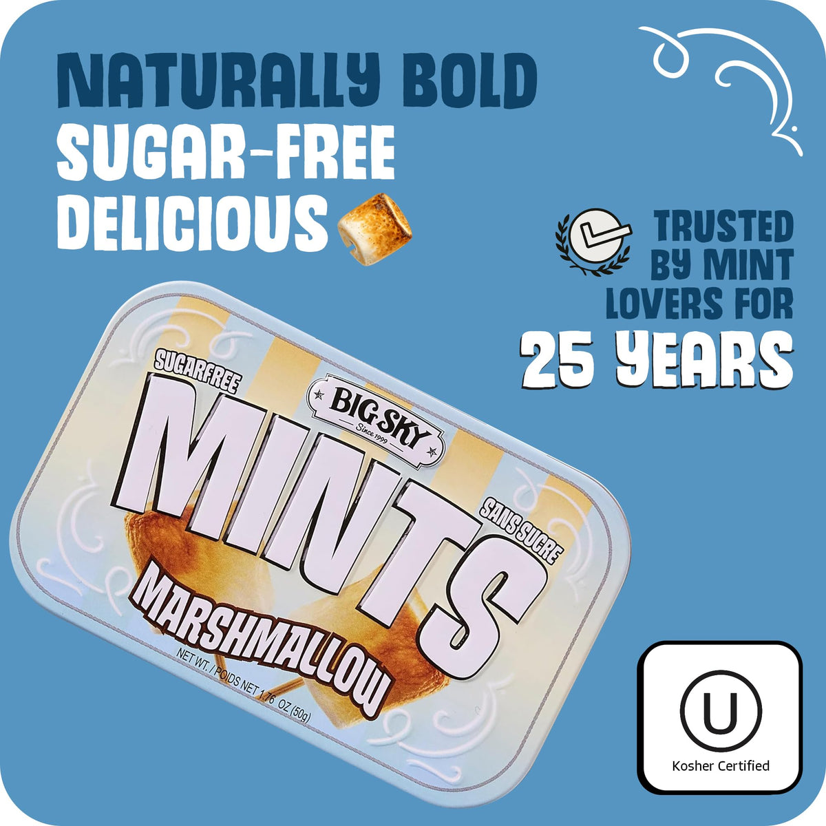 Close-up of toasted marshmallow flavor and smooth texture in mints.
