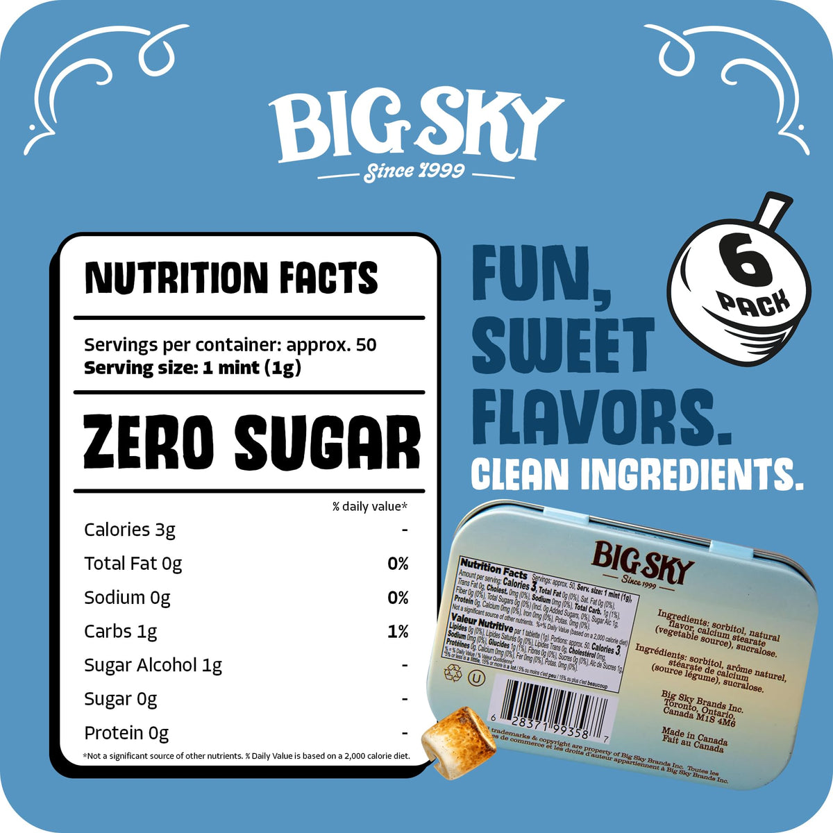 Big Sky Marshmallow Mints in a six-pack display for sharing on the go.