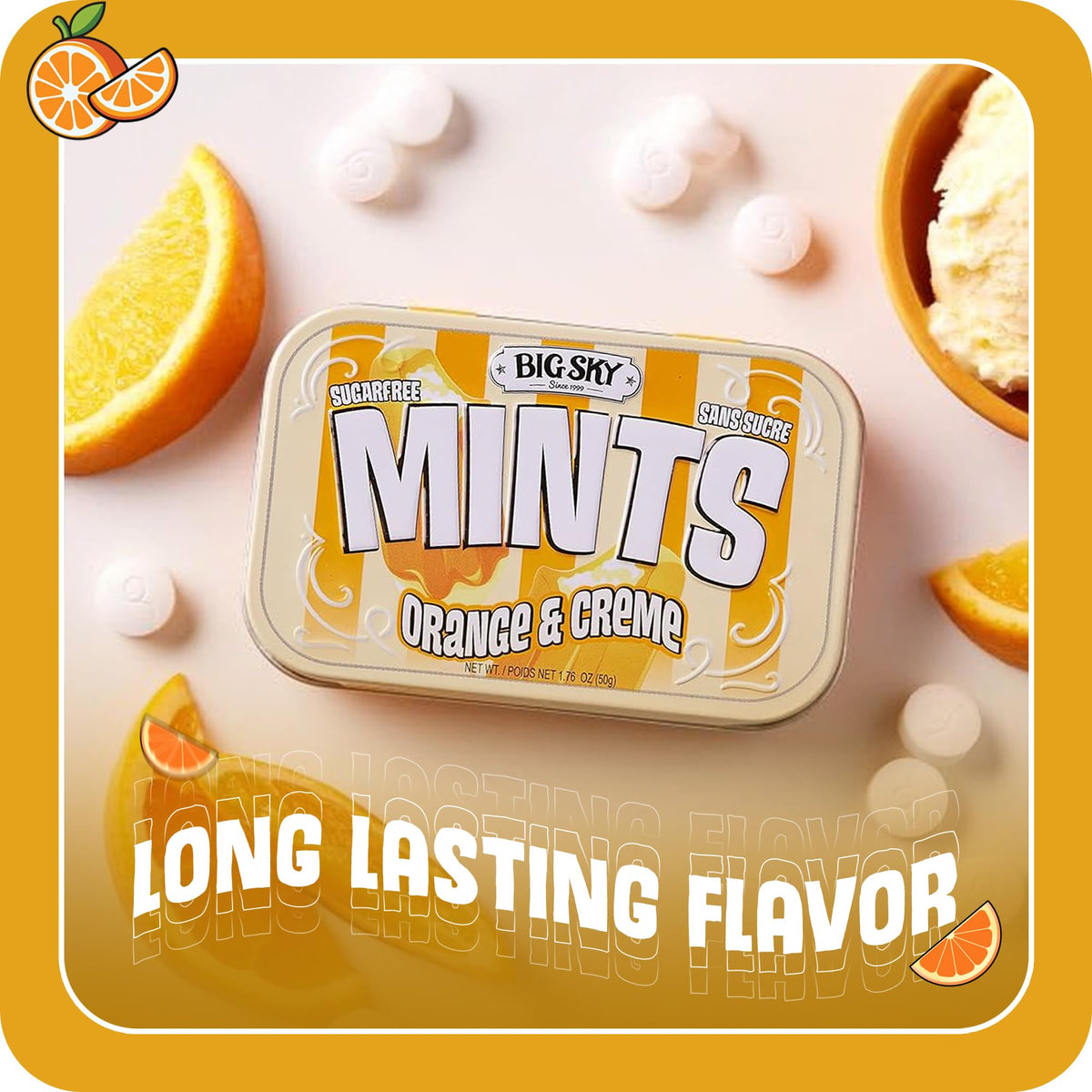 BIG SKY Orange & Crème Mints pack-6 display — convenient six-tin set for households.
