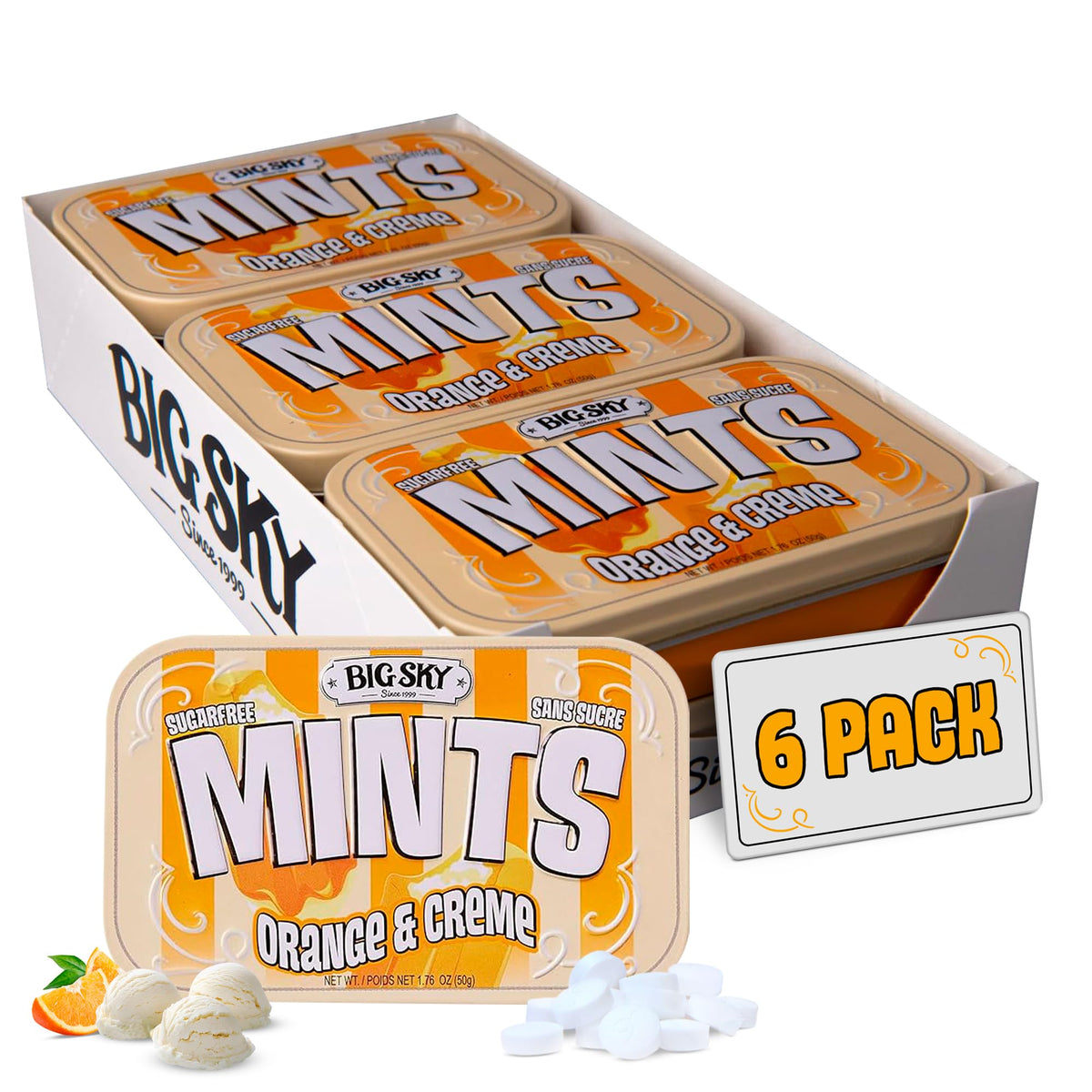 BIG SKY Orange & Crème Mints tin front — sugar-free freshness for travel.