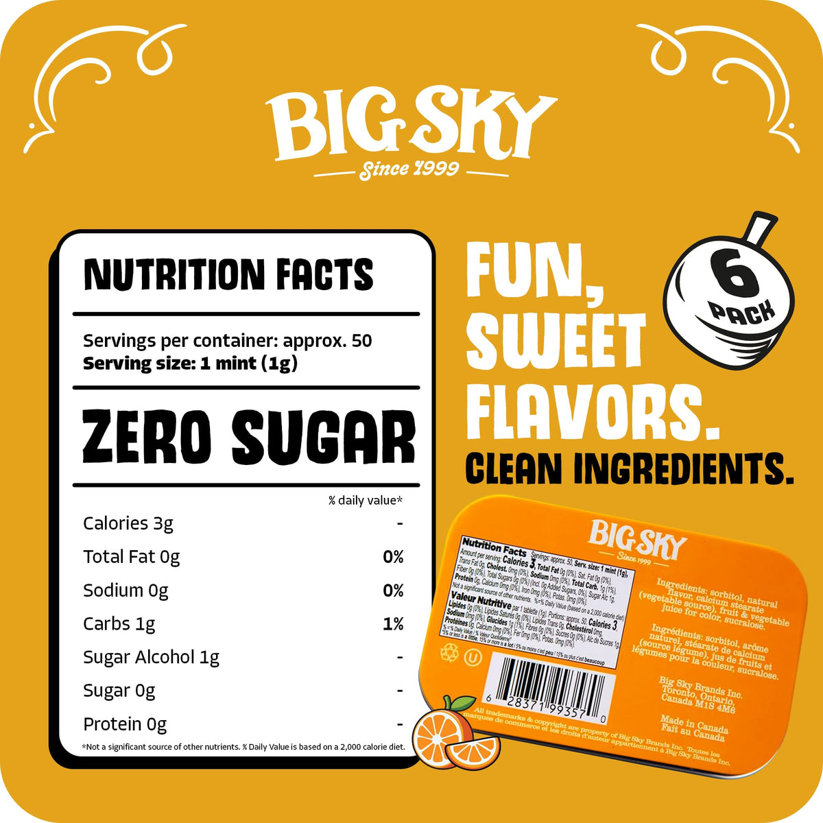 BIG SKY Orange & Crème Mints tin open — creamy centers for quick refreshment.