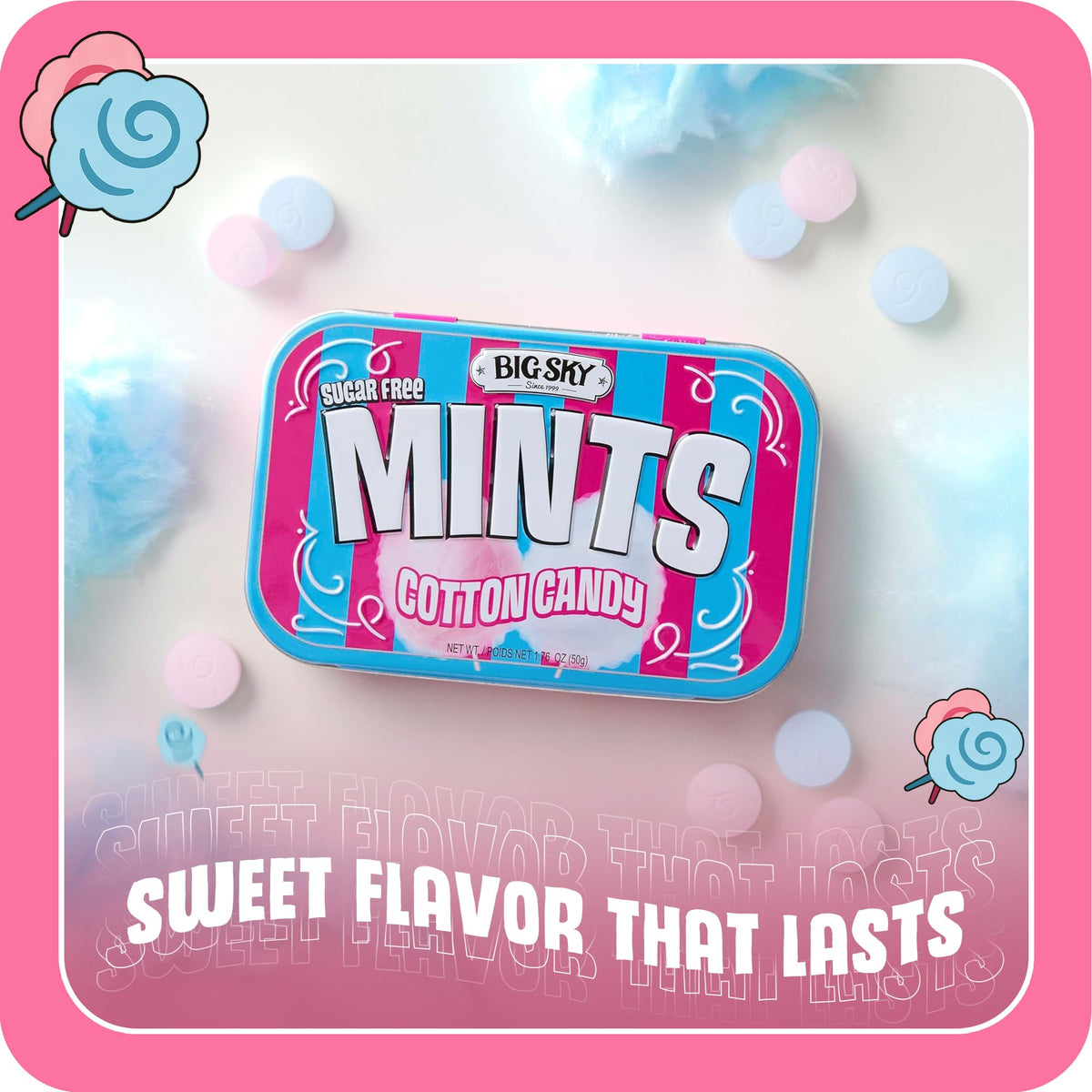 Big Sky Sugar Free Cotton Candy Mints pocket-sized tin for on-the-go use