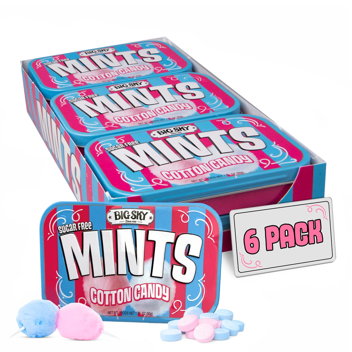 Big Sky Sugar Free Cotton Candy Mints tin front view for quick, sugar-free snacking