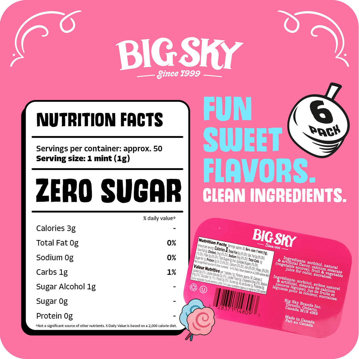Big Sky Sugar Free Cotton Candy Mints tin open showing mints for travel refreshment