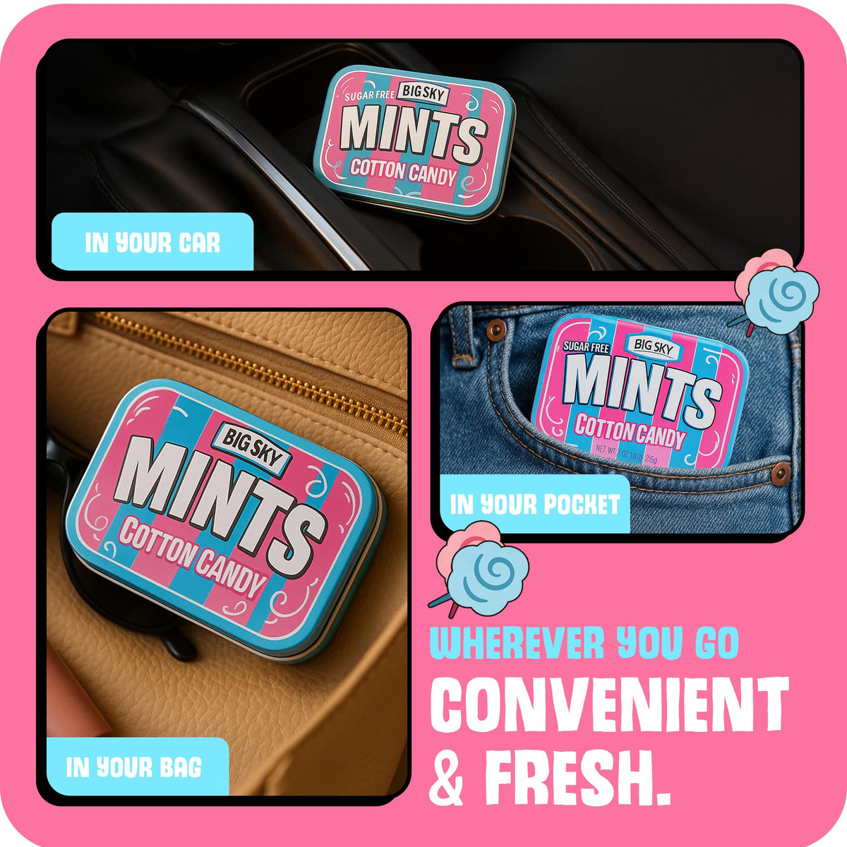 Big Sky Sugar Free Cotton Candy Mints beside coffee for a clean finish