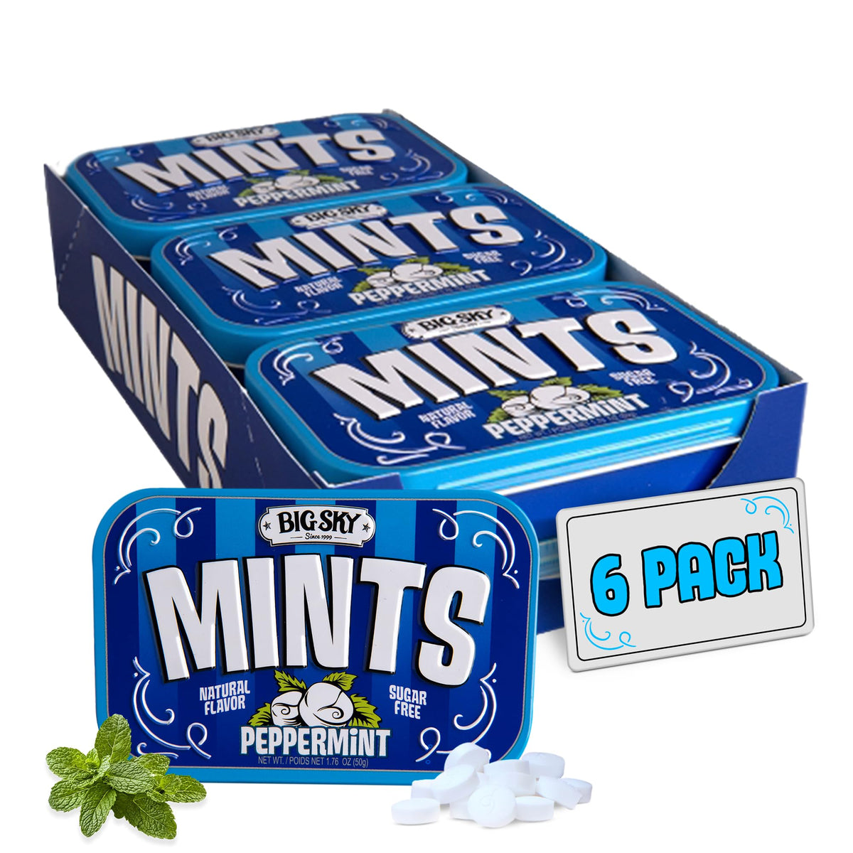 Big Sky Peppermint Mints tin front view showing compact travel-friendly packaging.