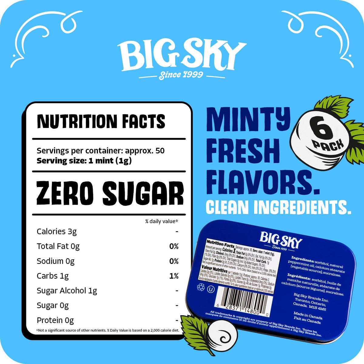 Opened Big Sky peppermint mint tin with visible mints for quick refreshment.