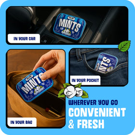 Big Sky mints in a travel scene, pocket-sized for on-the-go freshness.