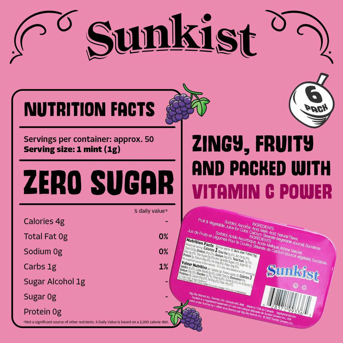 BIG SKY Sunkist Sours Grapeade tin side view, showcasing compact packaging.