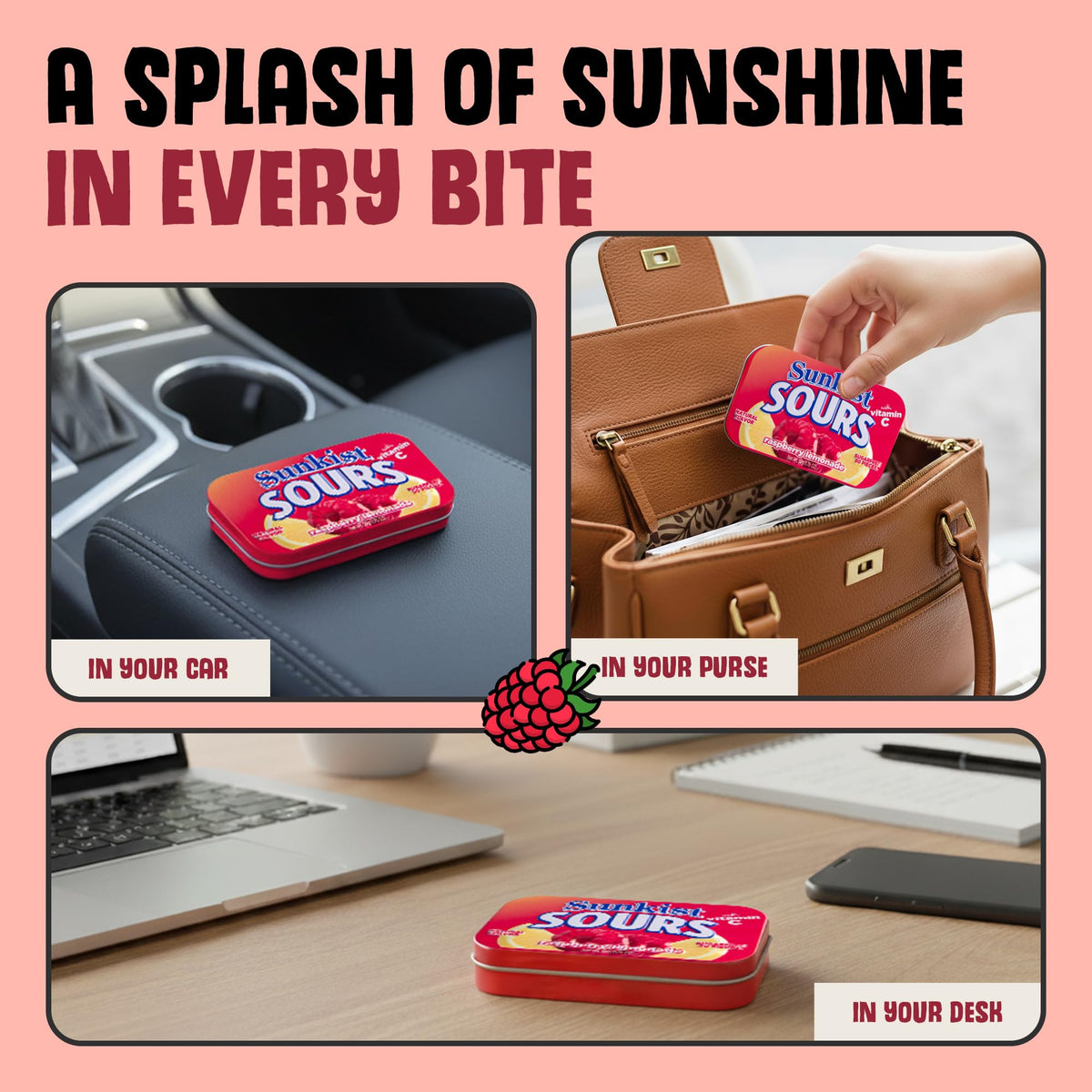 Big Sky Sunkist Sours Raspberry Lemonade candy nutrition label; 100% daily vitamin C per serving.