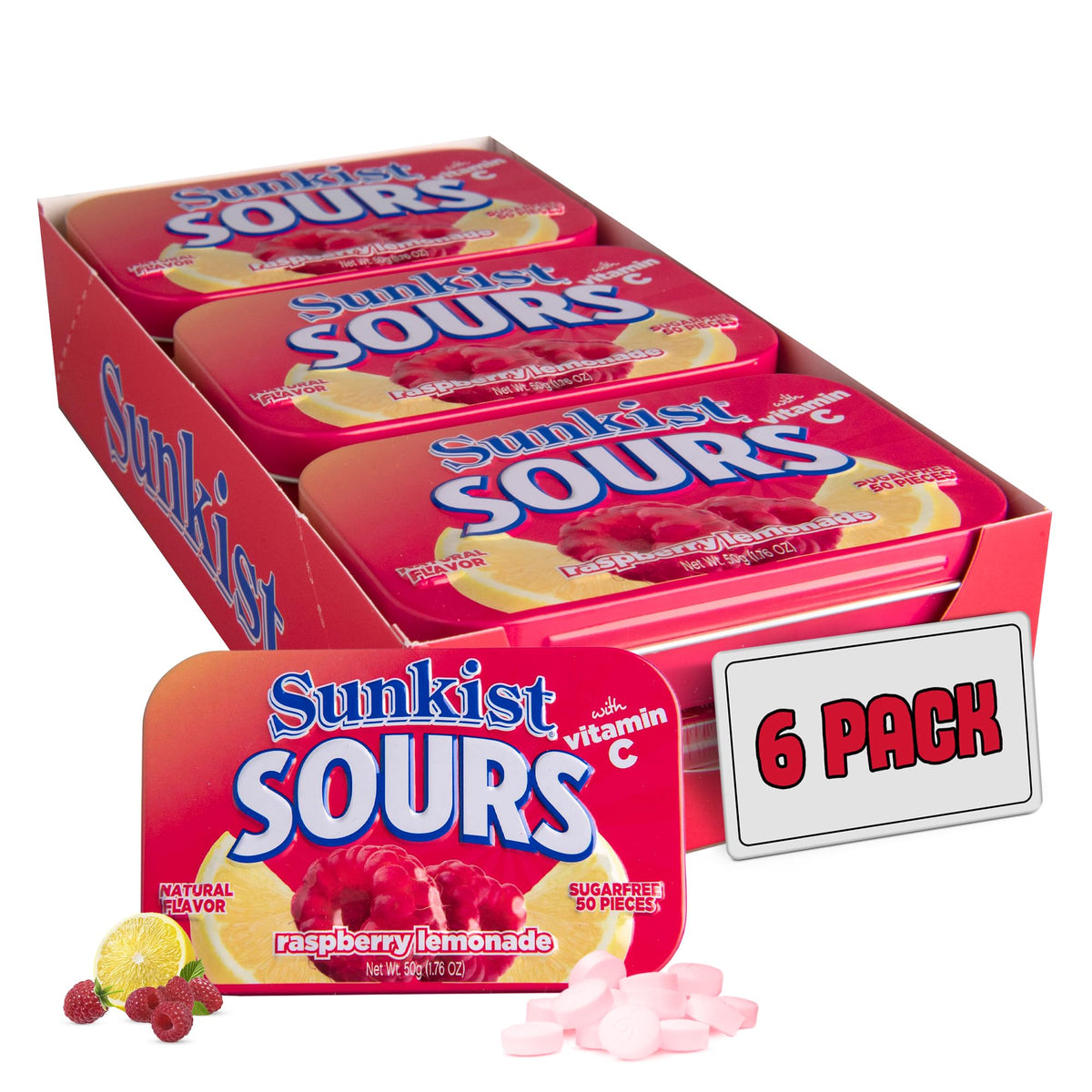 Big Sky Sunkist Sours Raspberry Lemonade candy tin; portable snack with vitamin C.