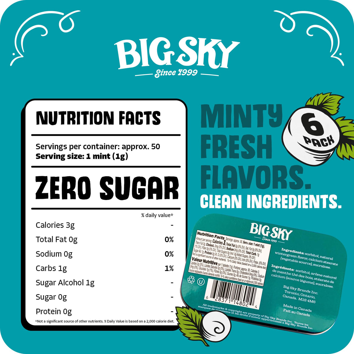 BIG SKY Wintergreen Mints close-up reveals smooth texture and bold flavor.
