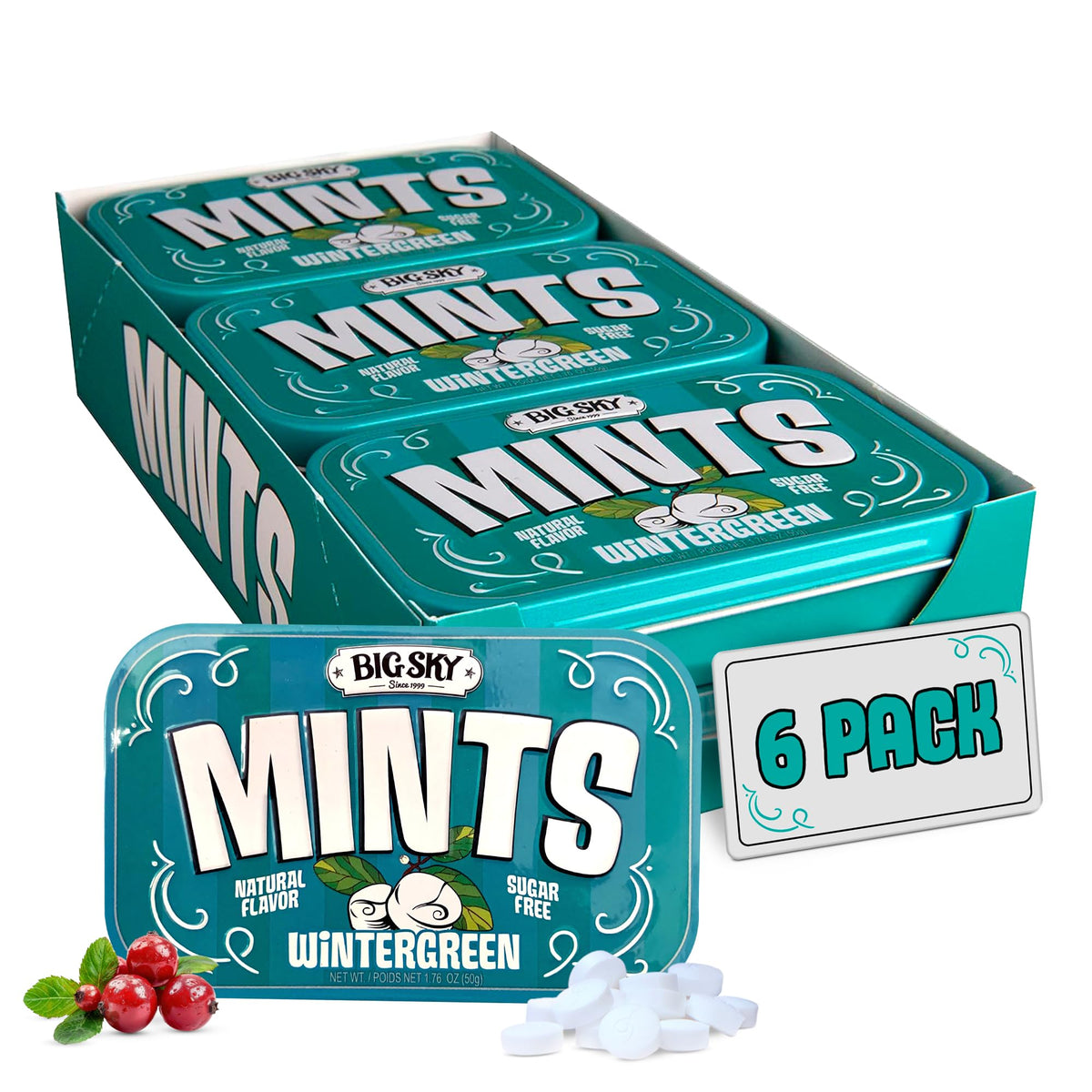 BIG SKY Wintergreen Mints tin offers on-the-go freshness and long-lasting breath.