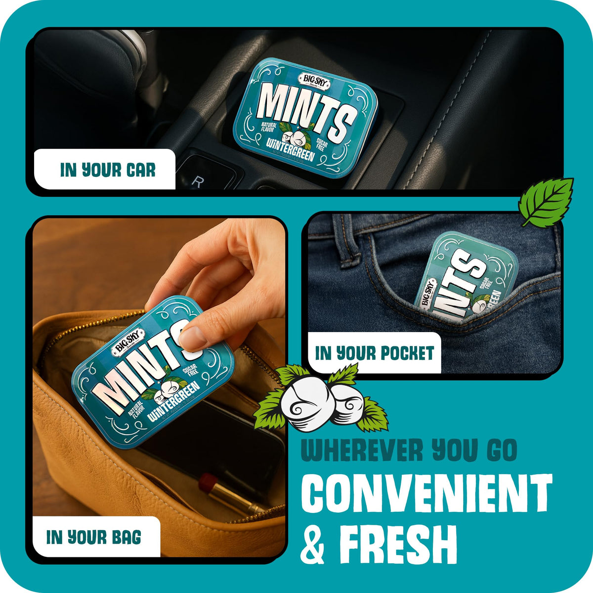 Travel-ready mint tin fits in purse or car.