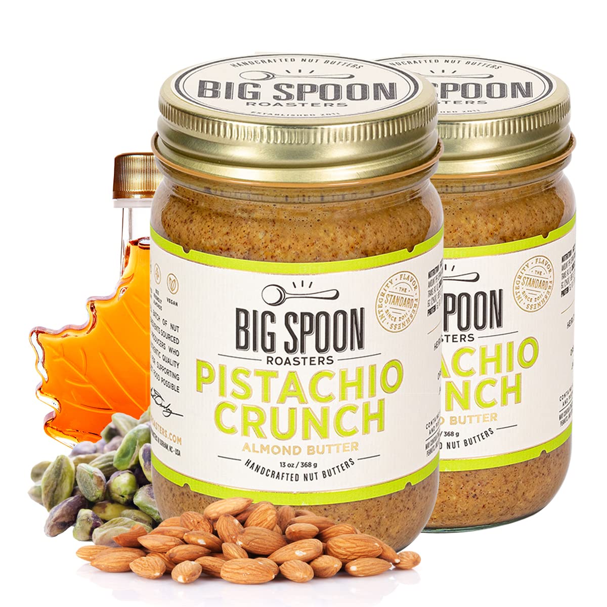 Big Spoon Roasters almond-pistachio butter jar showcases premium ingredients for vegan, keto-friendly snacking.