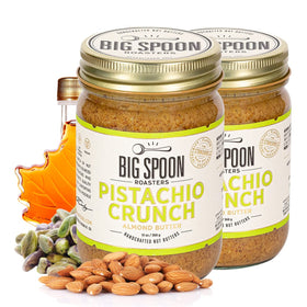 Big Spoon Roasters almond-pistachio butter jar showcases premium ingredients for vegan, keto-friendly snacking.