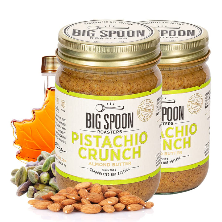 Big Spoon Roasters almond-pistachio butter jar showcases premium ingredients for vegan, keto-friendly snacking.
