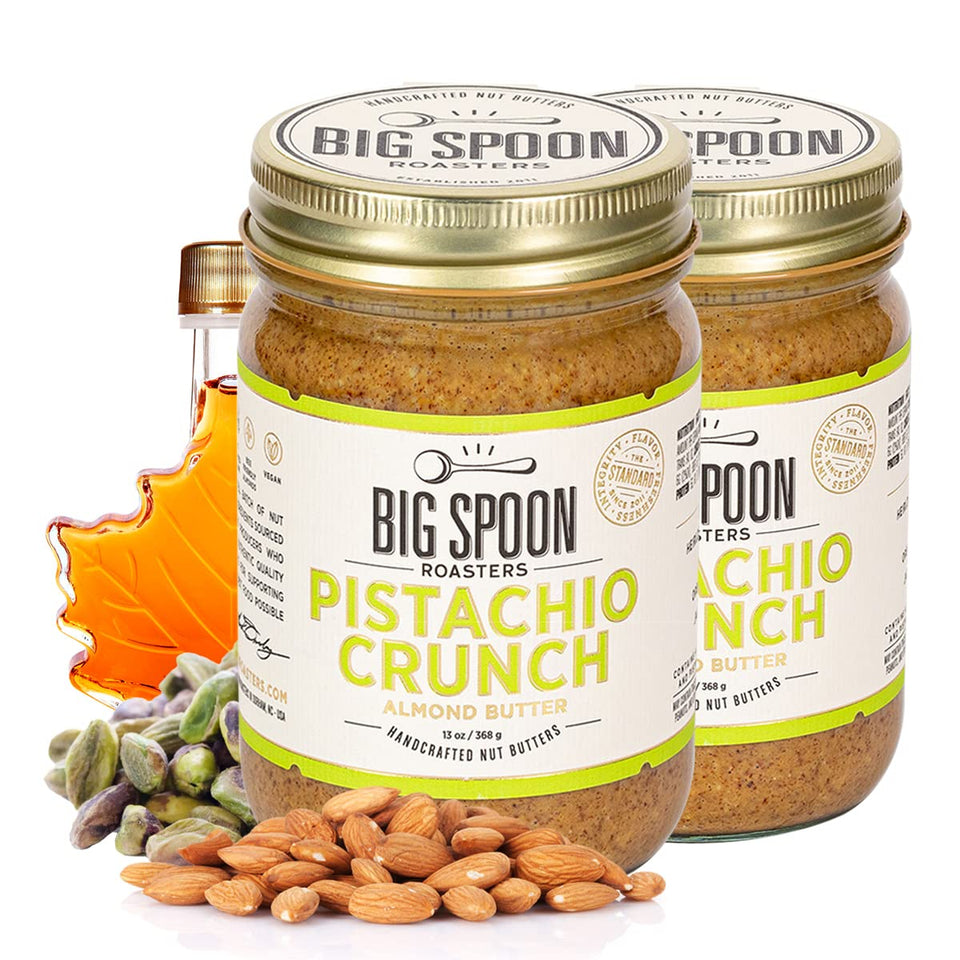 Big Spoon Roasters almond-pistachio butter jar showcases premium ingredients for vegan, keto-friendly snacking.