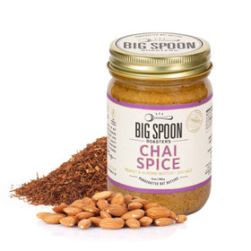 Big Spoon Roasters chai almond peanut butter with raw honey and sea salt, a vibrant breakfast spread.