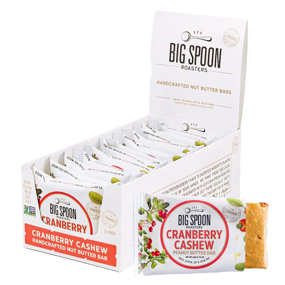 Big Spoon Roasters Cranberry Cashew Nut Butter Bars packaging, premium, convenient for busy days.