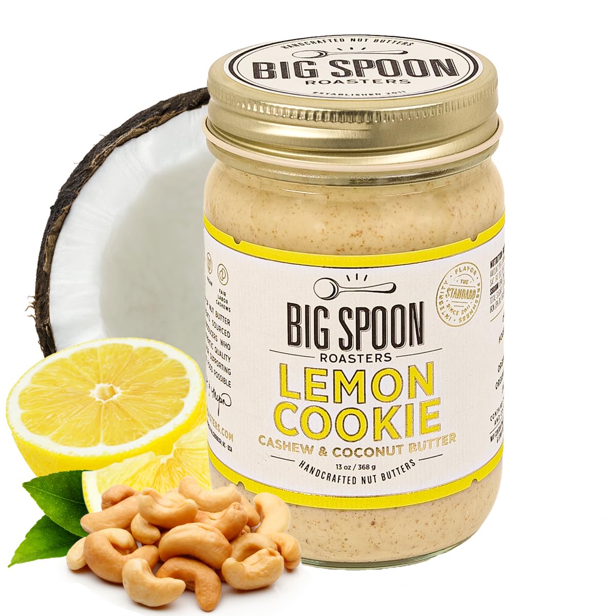 Big Spoon Roasters lemon cookie cashew butter jar with sea salt, premium keto-friendly spread.