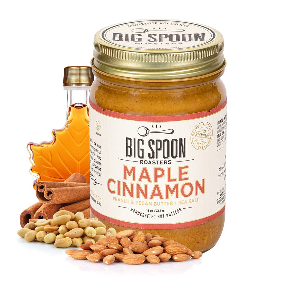 Big Spoon Roasters Maple Cinnamon Peanut & Pecan Butter jar close-up for smooth spreading