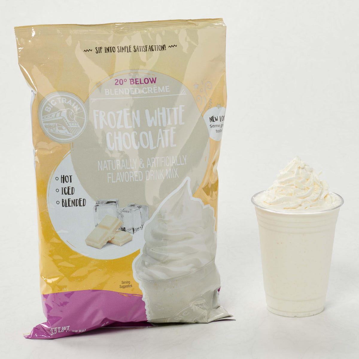 Big Train 20 Below Hot Water Frappé Mix for warm white chocolate beverage.