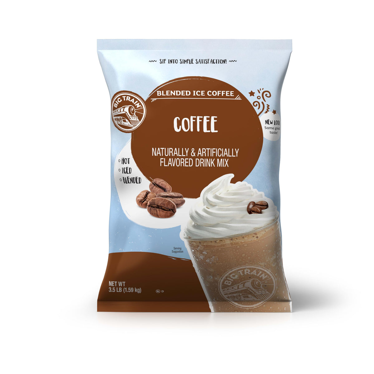 Big Train Blended Ice Coffee Mix bottle on kitchen counter for café-style drinks