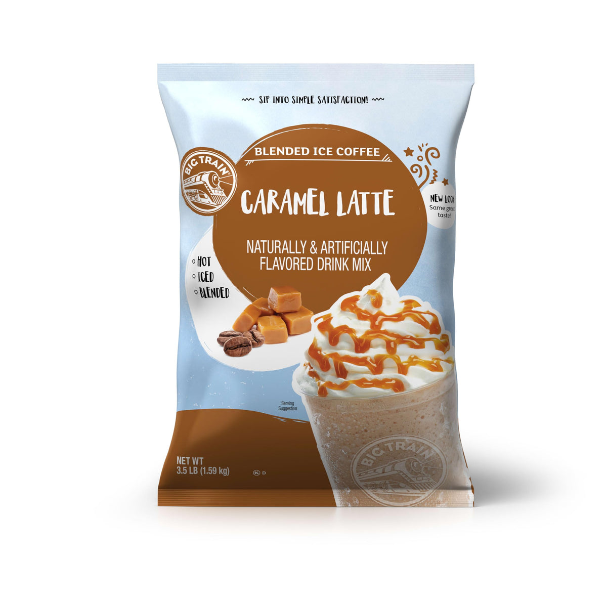 Big Train Caramel Latte package, ready-to-make frappe base for home use