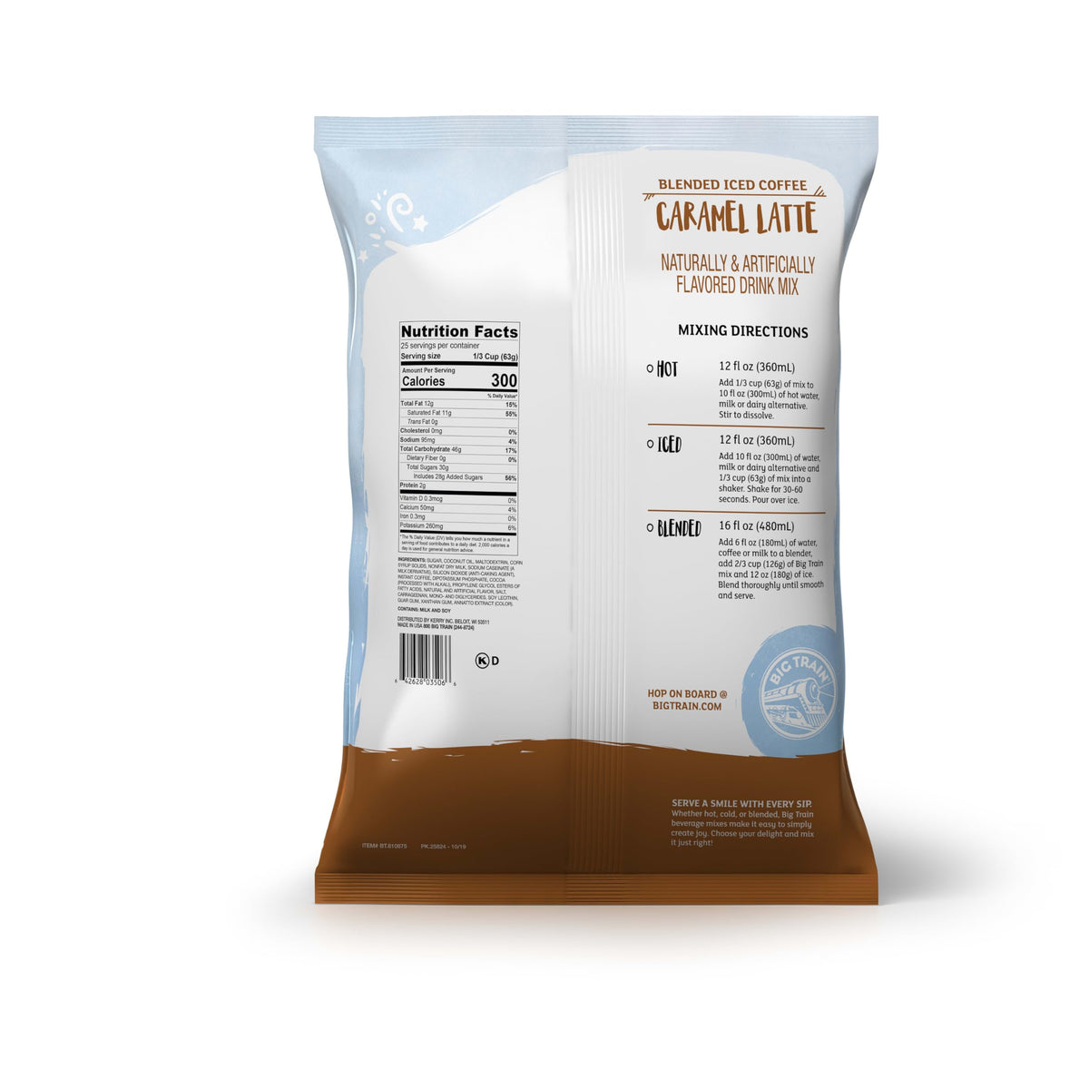 Big Train Caramel Latte pour, showcasing smooth caramel latte flavor and easy prep