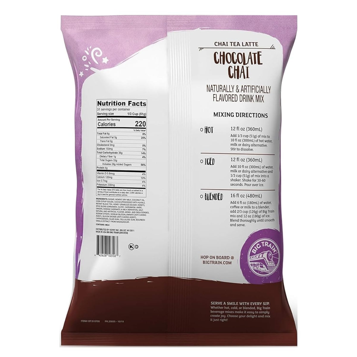 Big Train Chocolate Chai Latte Mix blended frappes option creates dessert-worthy beverages.