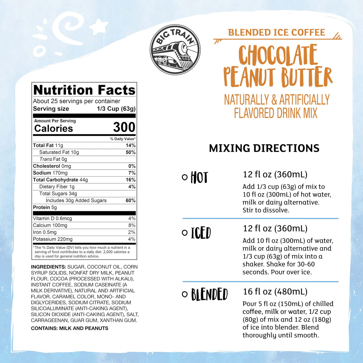 Big Train Chocolate Peanut Butter Blended Ice Coffee Mix dry ingredients highlight premium cocoa and peanut notes.