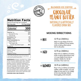 Big Train Chocolate Peanut Butter Blended Ice Coffee Mix dry ingredients highlight premium cocoa and peanut notes.