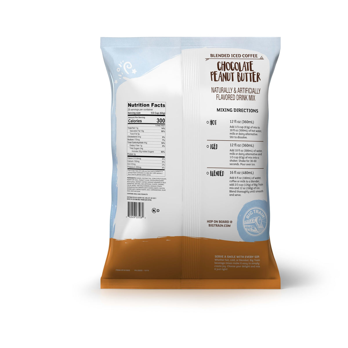 Big Train Chocolate Peanut Butter Blended Ice Coffee Mix ideas card shows toppings and serving options.
