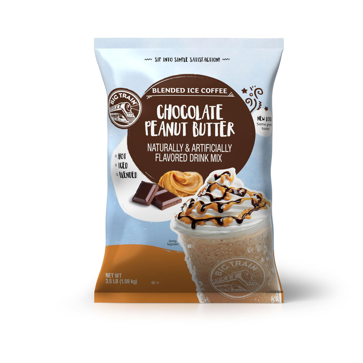 Big Train Chocolate Peanut Butter Blended Ice Coffee Mix packaging shows convenient, family-friendly beverage solutions.