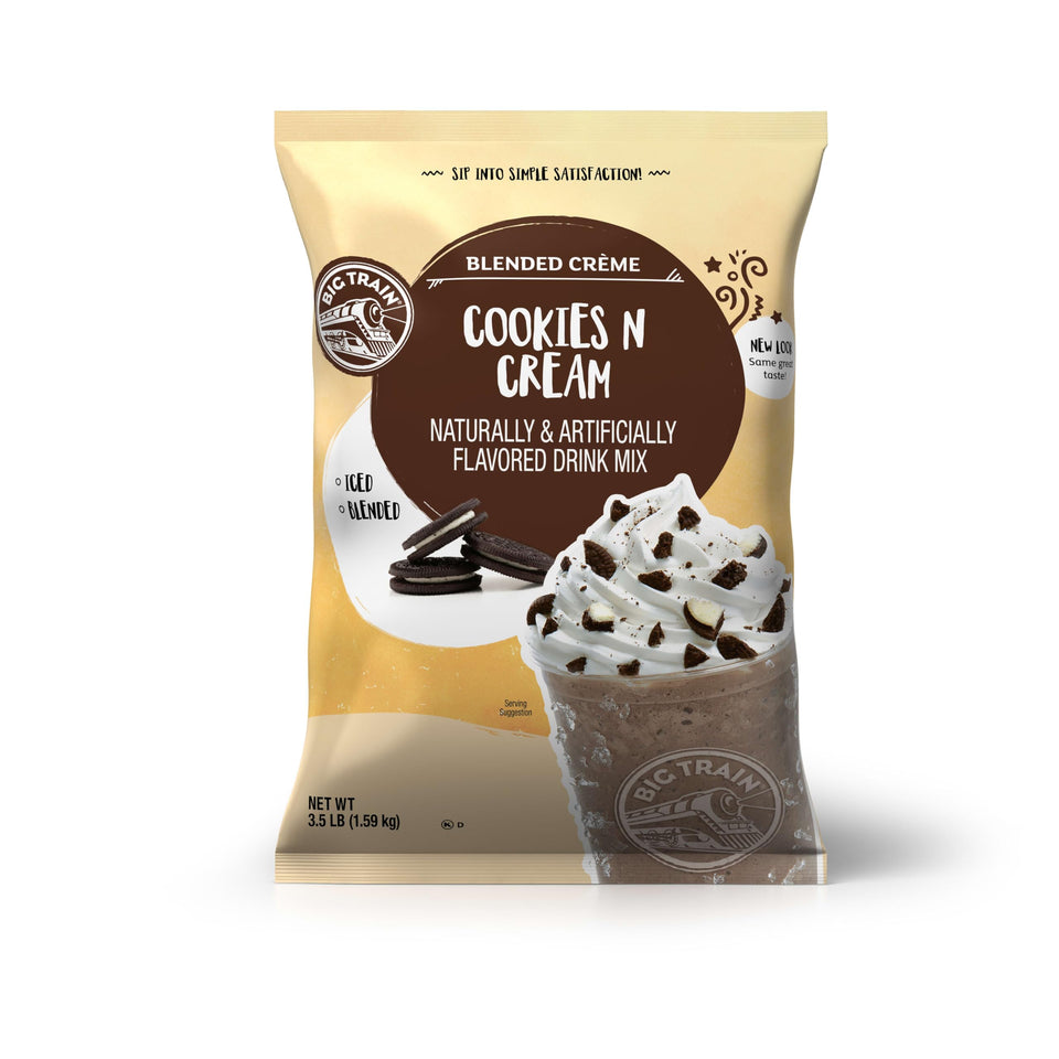 Big Train Cookies N Creme blended ice coffee mix package front, ready to mix into creamy beverages