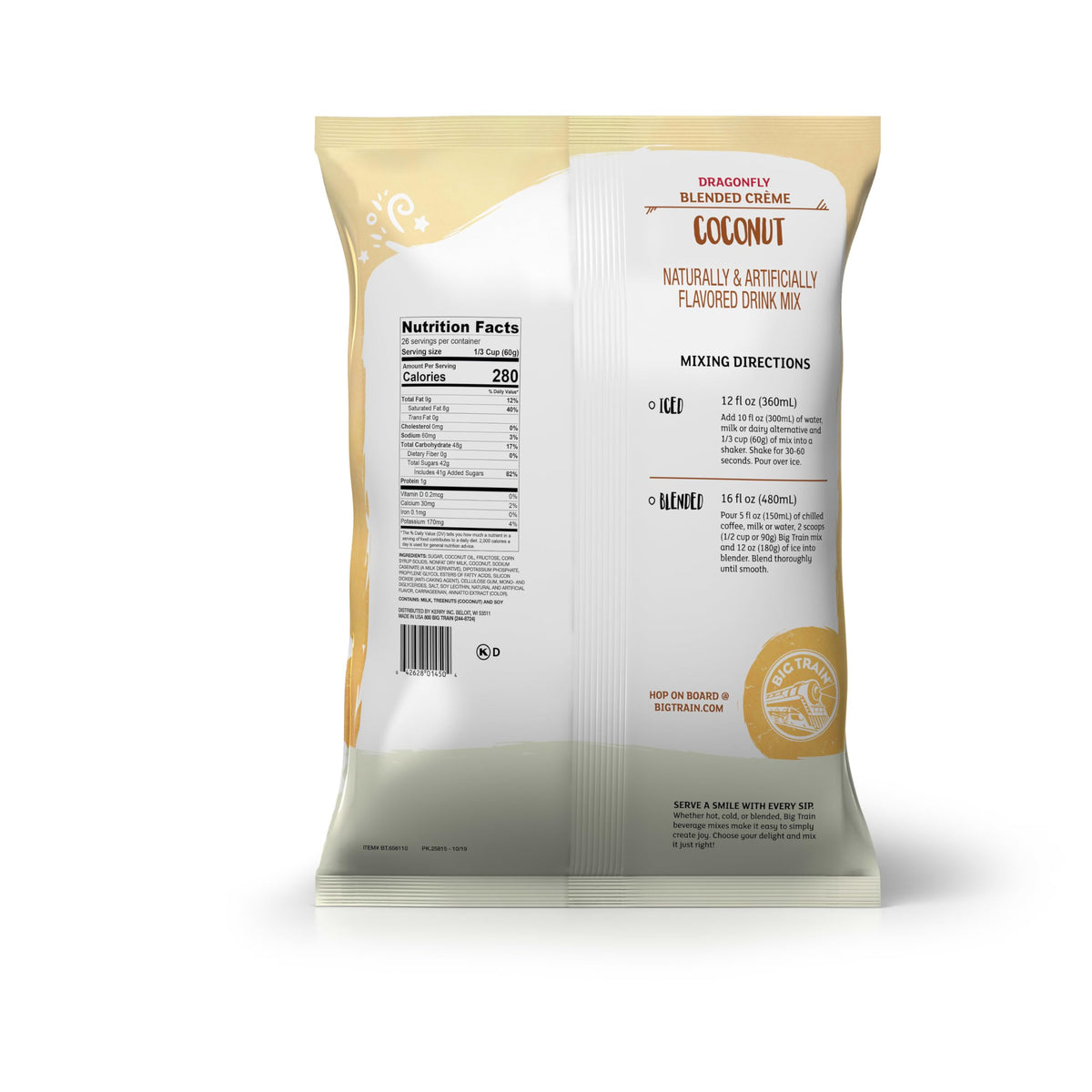 Big Train Dragonfly Coconut Blended Crème frappé mix scoop demonstrates quick stir-in convenience